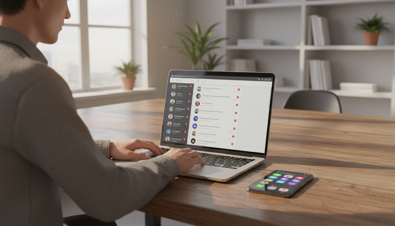 A person sitting at a wooden desk looking at a laptop screen showing a messaging inbox with several unread notifications, while a smartphone next to them also displays multiple chat app icons with unread badge counts, the room lit by natural afternoon window light.