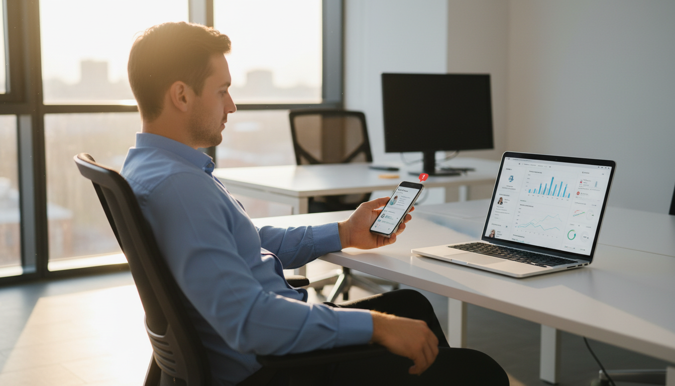 A sales professional in a dress shirt leaning back in an office chair and checking a phone showing an unread message notification, with a laptop open to a CRM dashboard on the desk in front of them, an empty adjacent desk and dark, unused monitor visible in the background, late afternoon sunlight coming through large office windows.