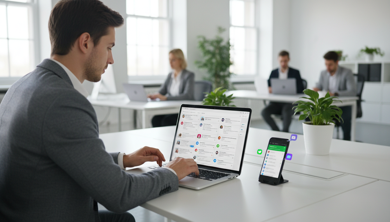 A salesperson sitting at a modern desk reviewing an open laptop showing multiple active chat conversations, with a smartphone beside it displaying incoming message notifications from different apps, in a bright open-plan office with natural window light and a few colleagues working in the background.