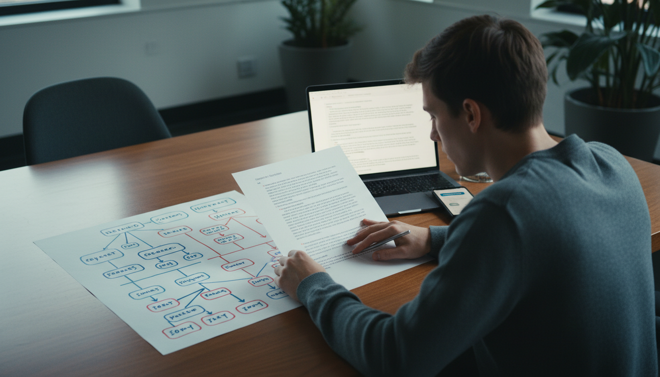 A person at a desk reviewing two printouts side by side: one covered in handwritten decision trees and circled keywords, the other showing a clean conversation transcript on a laptop screen, with a phone displaying a chat notification beside it.