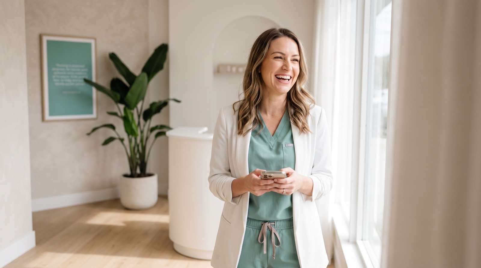 An aesthetics clinic practitioner smiling while reading a message on her phone