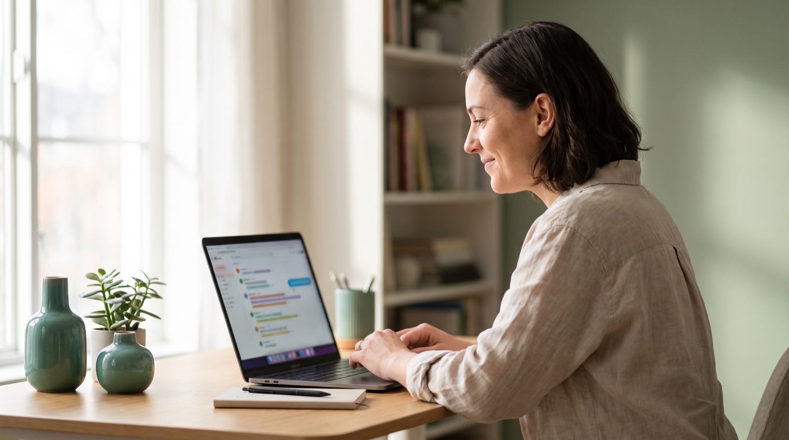 A person smiling while looking at organized message threads on a laptop screen