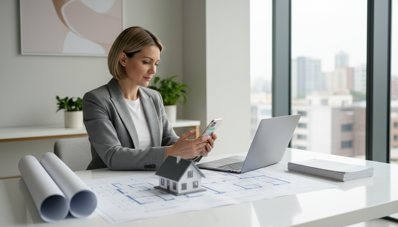 A real estate agent sitting at a desk in a modern property office, glancing at her phone showing a WhatsApp conversation thread, with printed floor plans and a small model house visible on the desk beside a laptop.