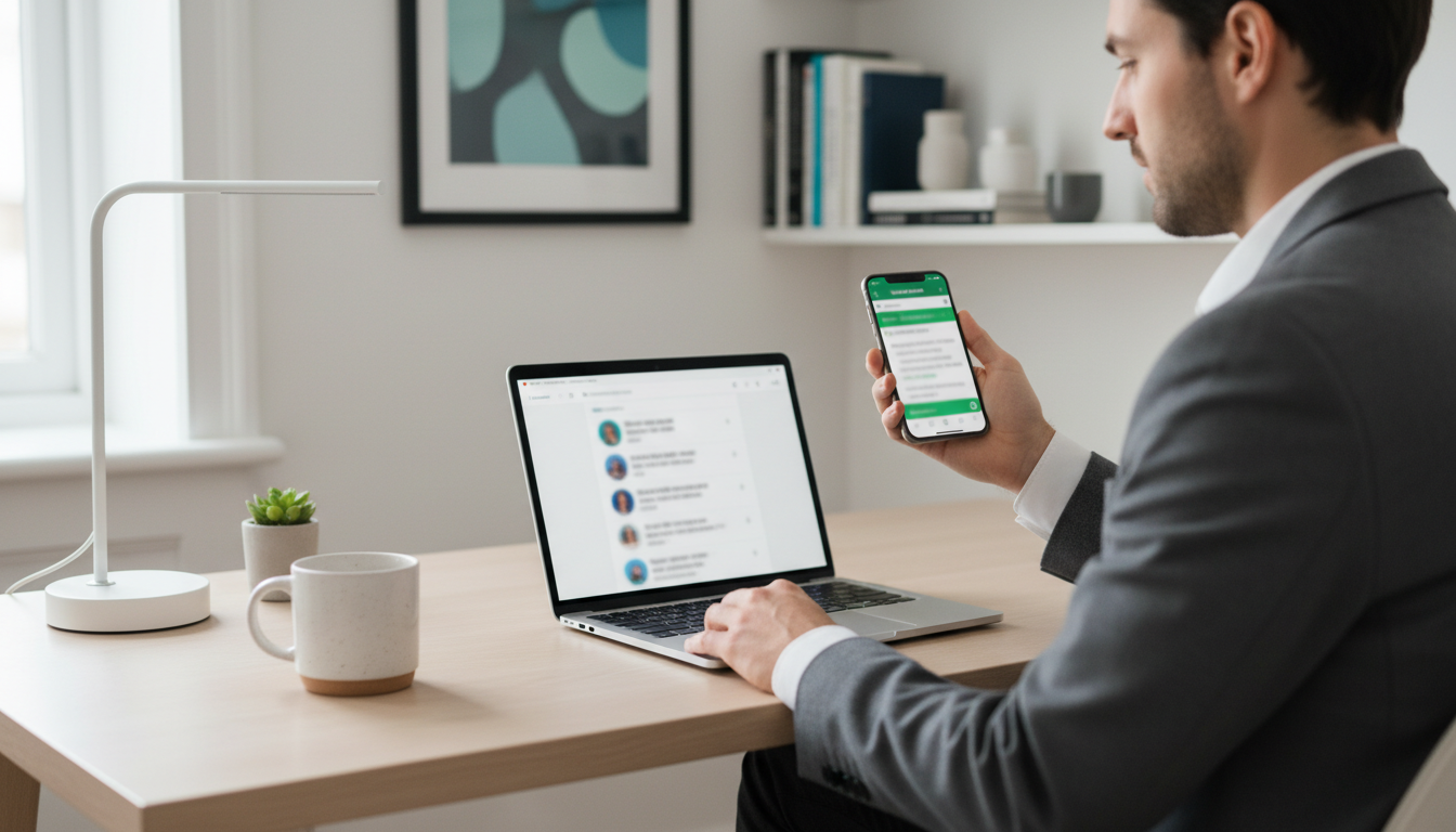 A person sitting at a light-wood desk in a small, tidy office, glancing at their smartphone screen showing a green WhatsApp conversation thread, with a laptop open in the background displaying a messaging inbox with a short list of conversation threads.