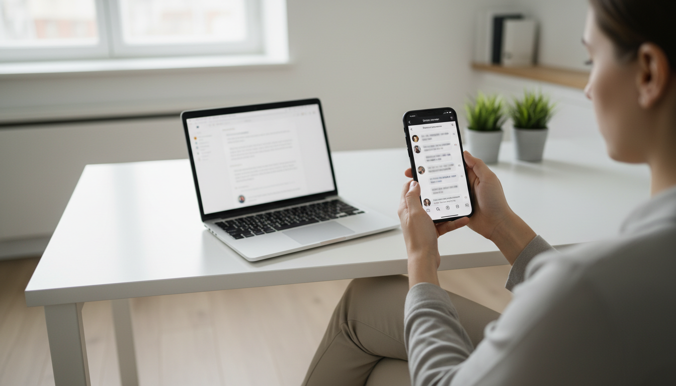A person sitting at a clean desk holding a smartphone showing an Instagram DM conversation, with a laptop open beside them, in a bright modern home office with soft natural light coming through a window.