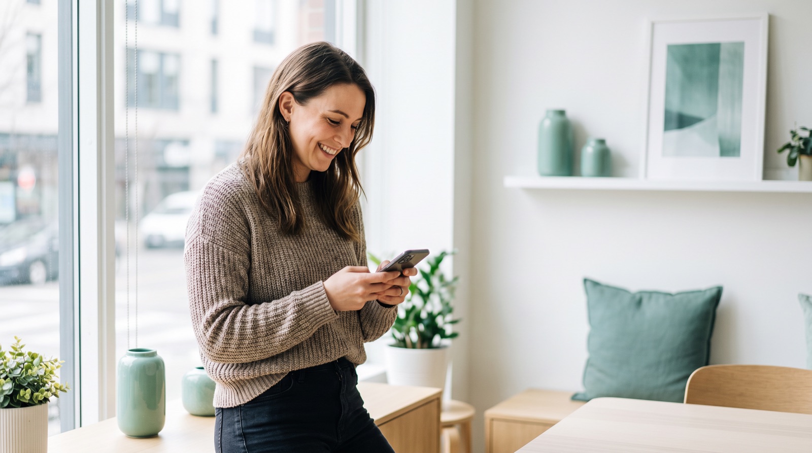 A small business owner smiling while reading a message on their phone