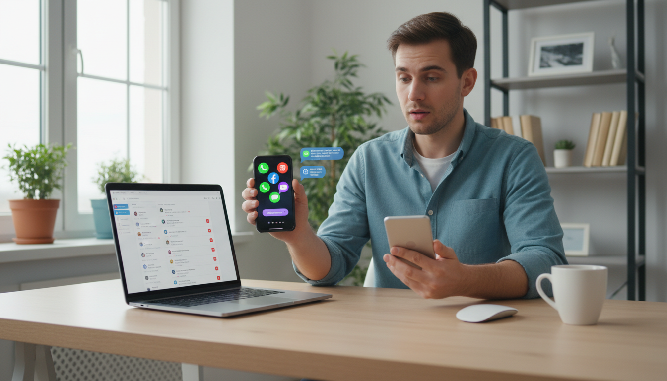 A person sitting at a clean desk glancing at a phone in one hand and a laptop screen in the other, with multiple messaging app notification icons visible on both screens, in a bright, modern home office setting.