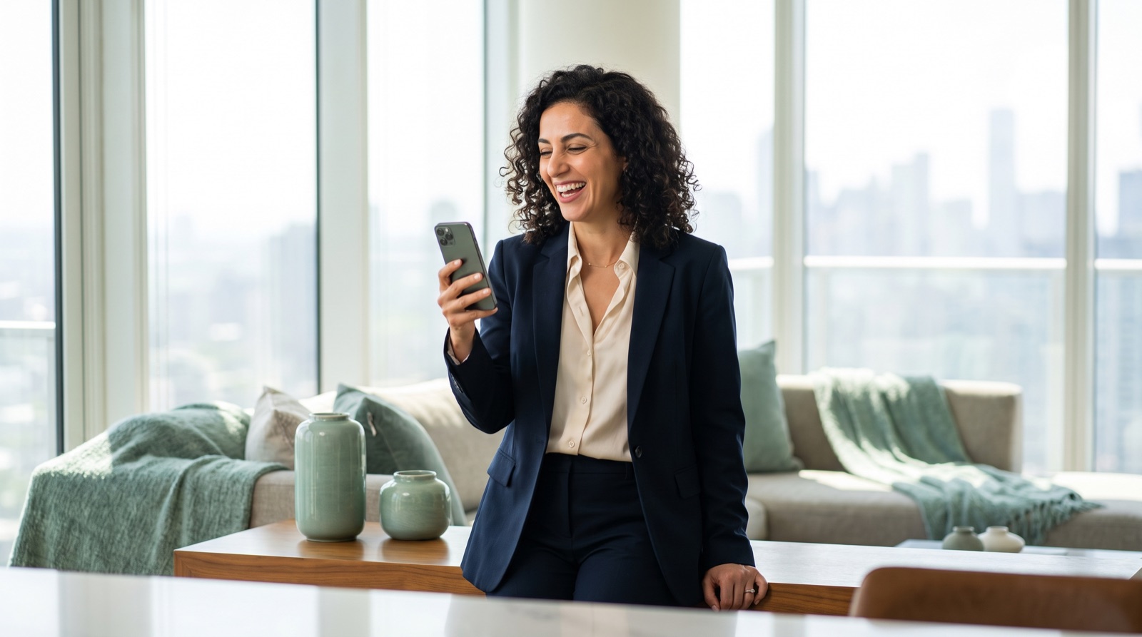 A Dubai real estate agent smiling while reading a message on her phone