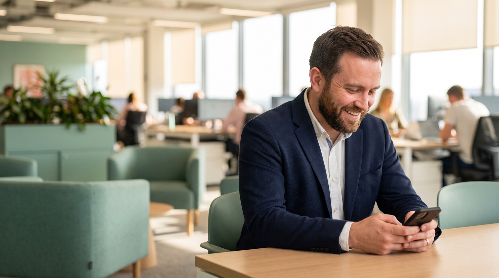 A recruiter smiling while reading a message on his phone
