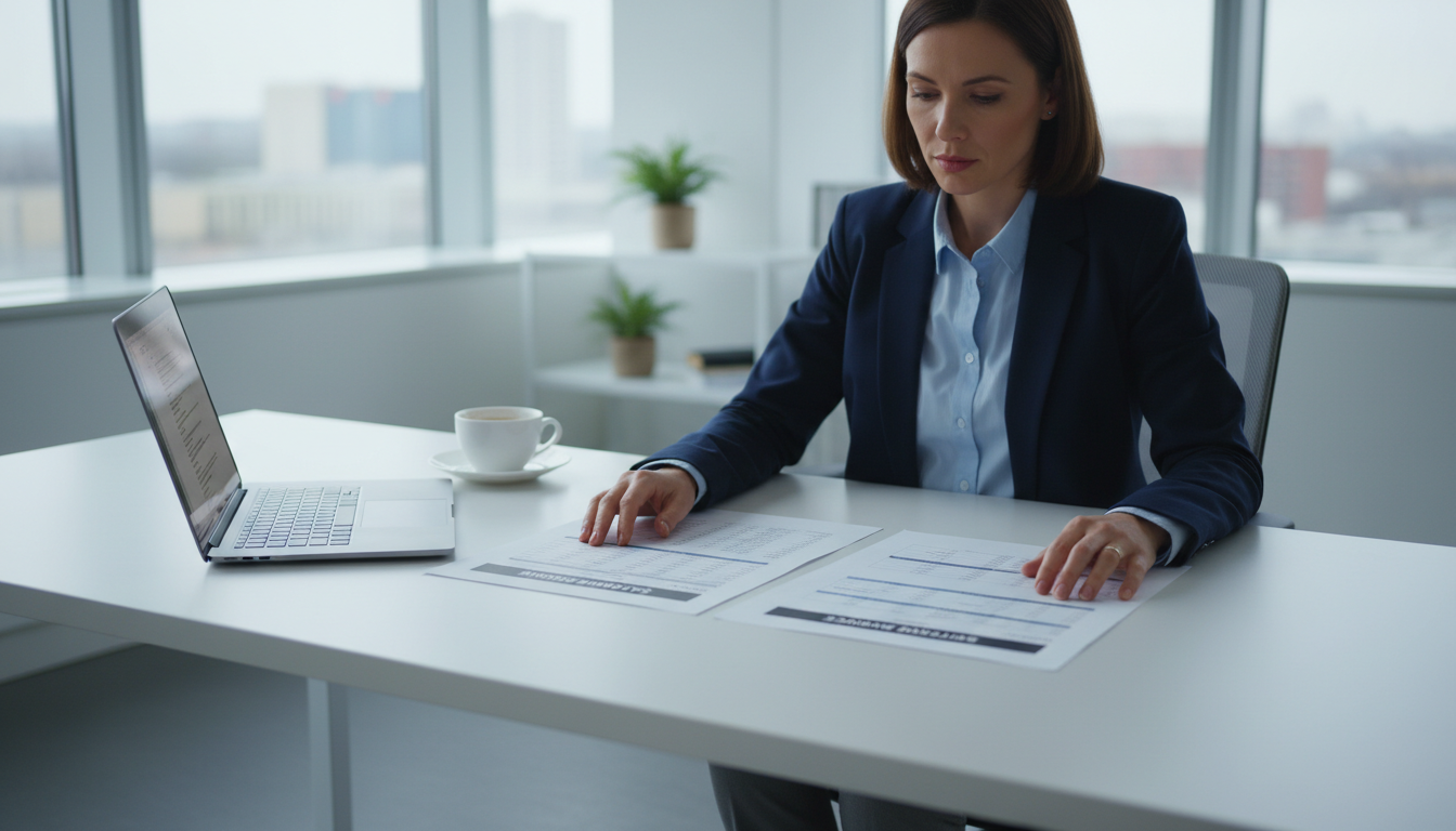 A person in business casual attire sits at a desk reviewing two printed budget sheets side by side, one showing a salary breakdown and one showing a software invoice, with a laptop open and a coffee cup nearby in a bright modern office setting.