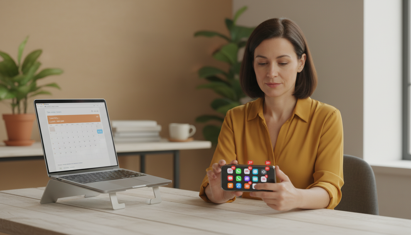 A small business owner sitting at a wooden desk, holding a smartphone with multiple messaging app notification badges visible on screen, while a laptop showing a calendar with a booked meeting sits open beside them, in a warmly lit studio or home office.
