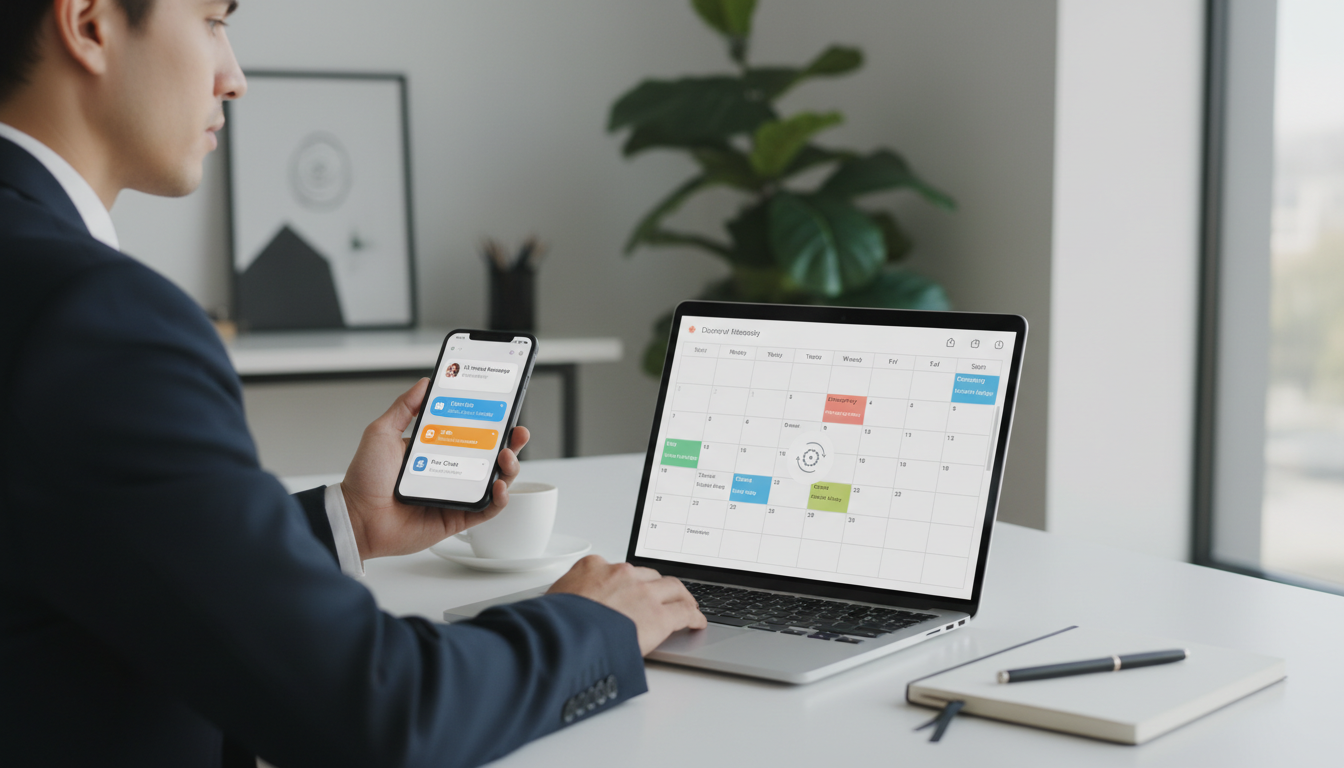 A person sitting at a desk glances at their phone showing several unread messages across different apps, while a laptop in front of them displays a calendar with multiple meeting slots already filled in, suggesting automated scheduling has happened without manual effort.