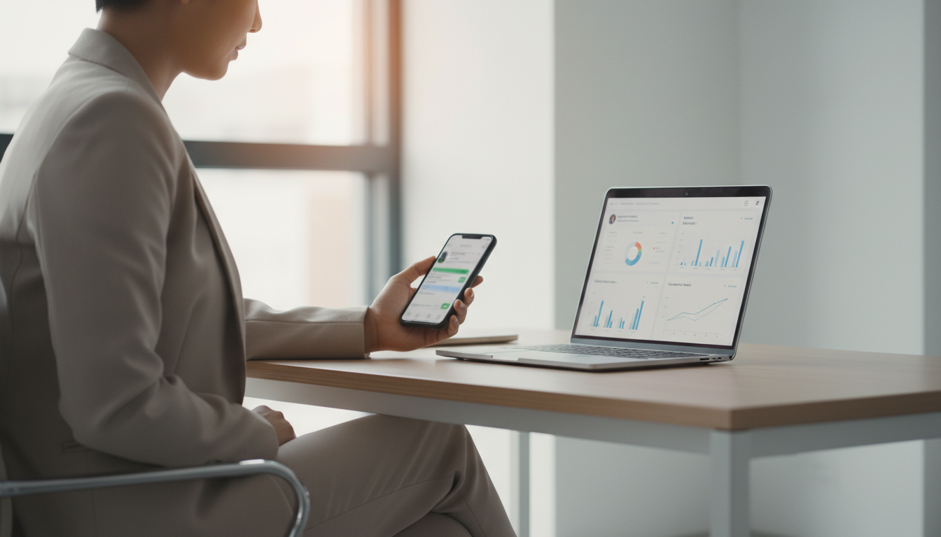 A salesperson at a modern desk glancing at a smartphone showing an active WhatsApp conversation, with a laptop open beside them displaying a business dashboard, in a bright, minimal office environment.