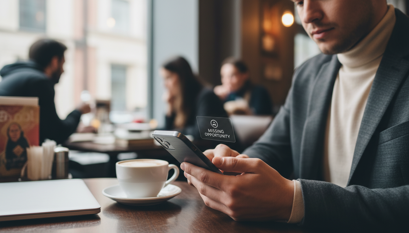 A person glancing at their smartphone on a busy café table, with a coffee cup and a closed laptop nearby, visibly distracted and about to put the phone down, suggesting a missed or ignored notification.