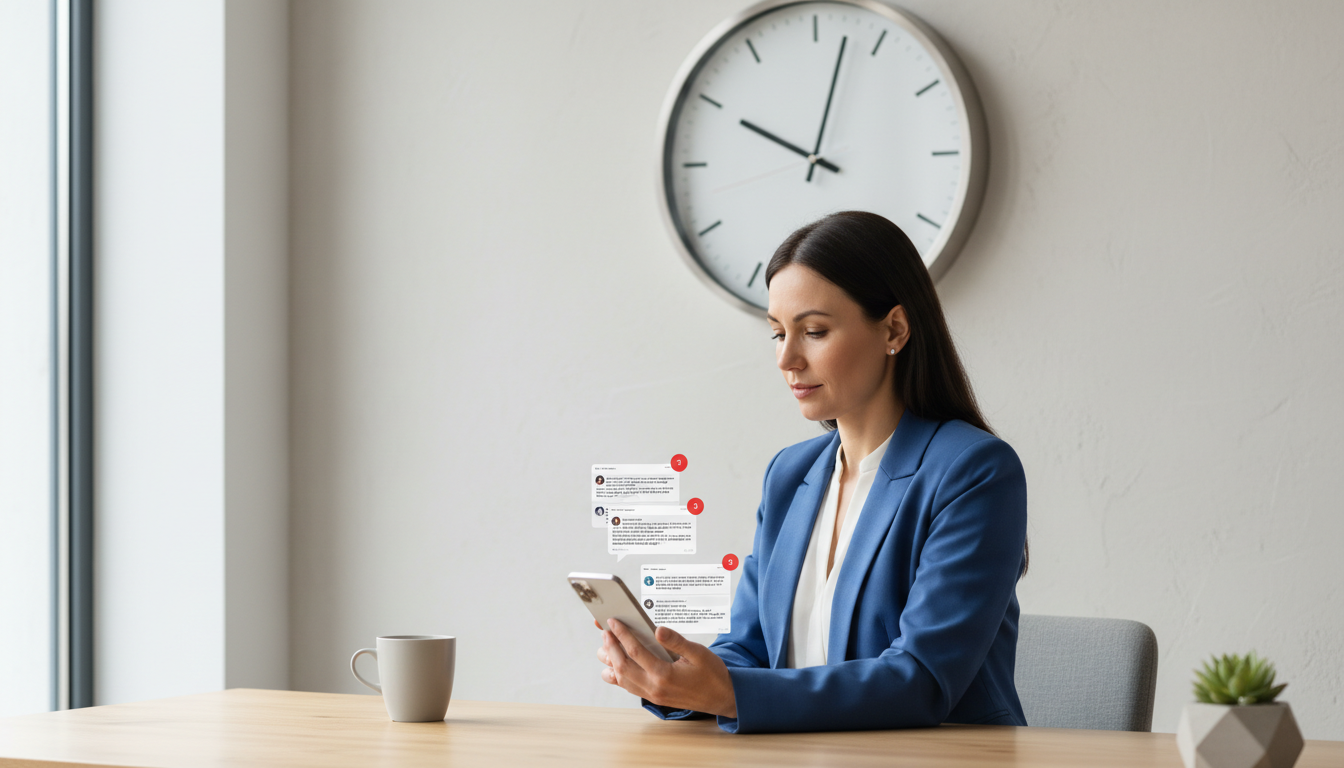 A sales professional sitting at a wooden desk looking at a smartphone displaying multiple messaging app conversation screens with unread notification badges, while an analog wall clock behind them shows the hands pointing to five minutes past the hour.